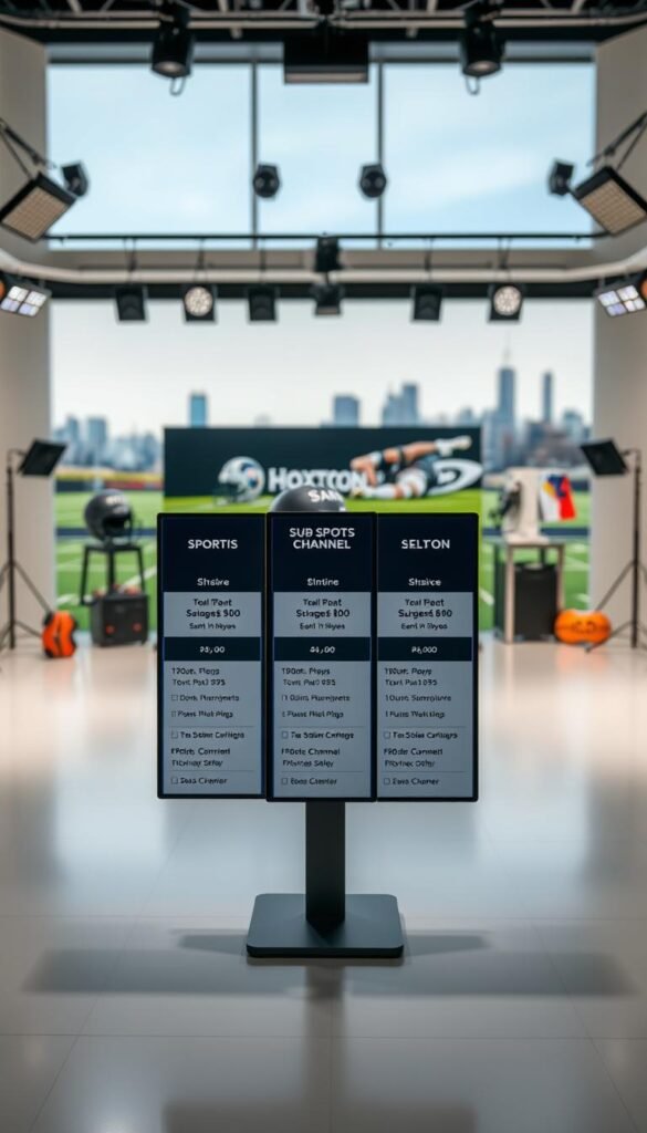 A well-lit studio setting showcasing Hoxtoon Provider's sports channel subscription plans. In the foreground, a sleek, modern display showcases different subscription tiers, each with clear pricing and channel package details. The middle ground features sports equipment and memorabilia, creating an immersive sports atmosphere. The background has a soft, blurred city skyline, suggesting the global reach and accessibility of Hoxtoon's services. The overall composition conveys a sense of professionalism, premium quality, and the excitement of premium sports content.