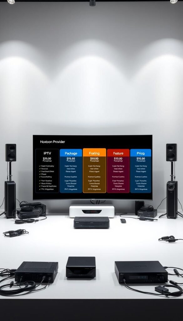A well-lit studio setting showcasing the Hoxtoon Provider IPTV subscription plans and pricing. In the center, a large display screen presenting the various package deals, each with clear pricing and feature details. Surrounding the display, a clean and modern arrangement of electronic devices, cables, and accessories hinting at the technology powering the IPTV service. The background features a minimalist, gradient-based wall providing a sleek, professional atmosphere. Soft, directional lighting illuminates the scene, highlighting the clarity and precision of the information presented. The overall composition conveys a sense of sophistication, reliability, and customer-focused value proposition for the Hoxtoon IPTV offering.