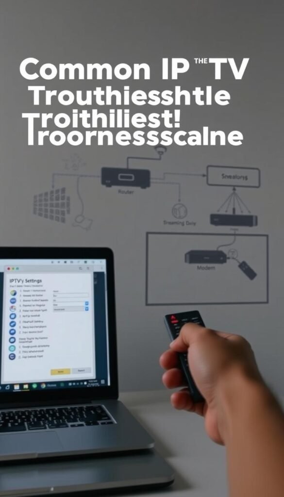 A well-lit technical diagram showcasing common IPTV troubleshooting tips. In the foreground, a laptop display showing the Hoxtoon Provider interface with various settings and diagnostic tools. In the middle ground, a hand holding a TV remote, highlighting the importance of device connectivity. In the background, a schematic diagram of the IPTV system components, including the router, modem, and streaming device. The overall mood is one of problem-solving, with a clean, minimalist aesthetic to convey a sense of professionalism and expertise.