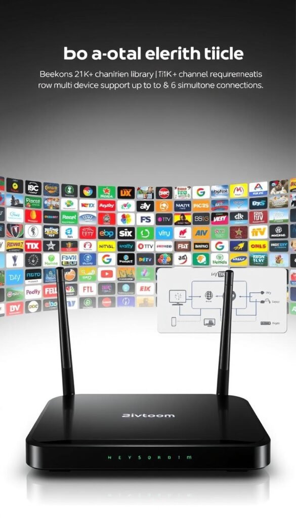 A well-lit technical diagram showcasing the breadth and technical specifications of the Hoxtoon Provider IPTV service. In the foreground, a sleek modem and router arrangement, their smooth surfaces reflecting the crisp lighting. The middle ground features a grid of channel icons, each rendered in high detail, conveying the expansive 21K+ channel library. In the background, a schematic diagram illustrates the network requirements, highlighting the multi-device support up to 6 simultaneous connections. The overall atmosphere is one of precision, professionalism, and the cutting-edge capabilities of the Hoxtoon Provider IPTV platform.
