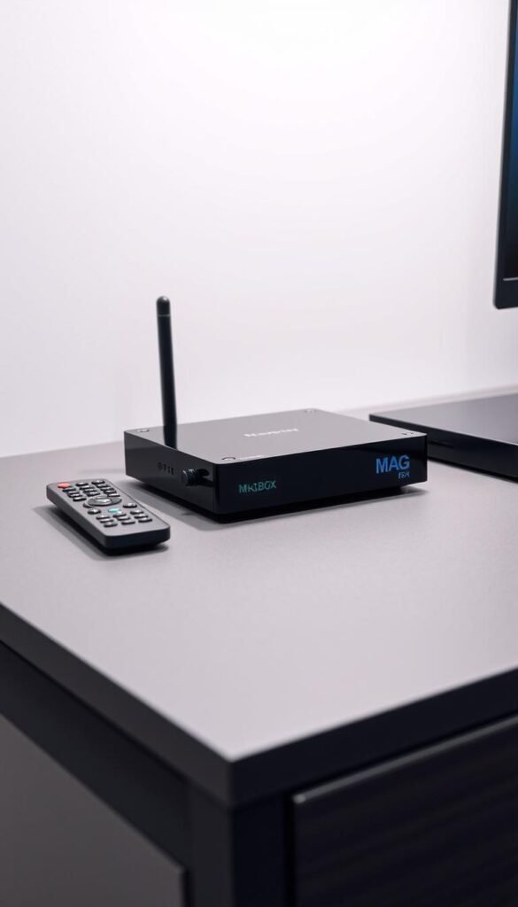 A well-lit, technical setup of a Mag Box device, prominently displayed on a modern, minimalist desk. The Mag Box sits atop a gray, matte surface, its sleek, black chassis reflecting the soft, even lighting of the scene. Beside it, a wireless remote control, neatly positioned, suggests the device's ease of use. In the background, a clean, white wall provides a simple, uncluttered backdrop, allowing the Mag Box to be the central focus. The overall atmosphere conveys a sense of professionalism and attention to detail, ideal for showcasing the "Hoxtoon Provider" IPTV solution.