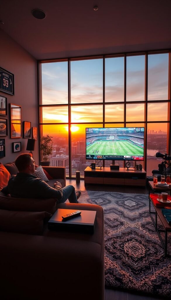 A well-lit, vibrant living room scene with a large flat-screen TV displaying a live sports event. In the foreground, a comfortable couch with a person sitting and watching intently, a Hoxtoon Provider IPTV box and remote control on the coffee table. On the walls, sports memorabilia and framed jerseys create an immersive atmosphere. The middle ground features a plush rug and side tables with snacks and beverages, while the background showcases large windows overlooking a cityscape, bathed in the warm glow of the setting sun. The overall mood is one of excitement and enjoyment, capturing the benefits of using IPTV for premium sports viewing.