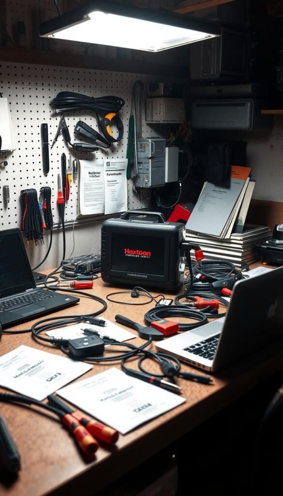 A well-lit workbench with an array of tools and a Hoxtoon Provider mag box in the center, surrounded by diagnostic cables, a laptop, and technical manuals. The scene exudes a sense of problem-solving, with a focus on the mag box as the central subject. The lighting is bright and directional, casting shadows that add depth and highlight the details of the equipment. The overall atmosphere is one of focused troubleshooting, with a technical and professional tone.