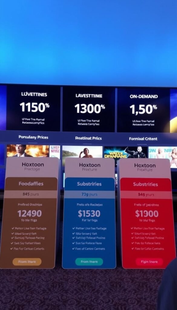 A well-organized and visually appealing set of IPTV subscription packages offered by Hoxtoon Provider. The foreground showcases the different plan tiers, each with clear pricing details and feature highlights, presented in a clean, modern layout. The middle ground features thumbnails of popular live TV channels and on-demand content available with the service. The background has a subtle, atmospheric gradient in shades of blue, complementing the overall professional and tech-savvy aesthetic. The lighting is soft and diffused, creating a sense of depth and dimension. The camera angle is slightly angled, adding visual interest and a sense of depth. The overall mood is one of high-quality, premium IPTV services offered by Hoxtoon Provider.