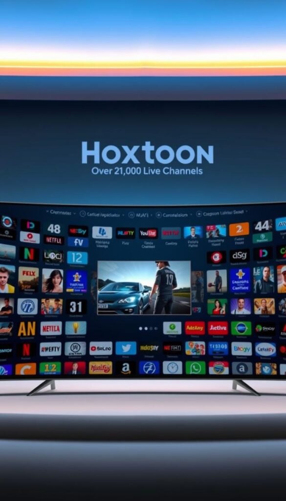 A well-organized and visually captivating user interface for the Hoxtoon IPTV provider, showcasing their impressive selection of over 21,000 live channels. The foreground features a clean, modern design with a grid-like layout of channel icons, meticulously crafted to convey a sense of depth and interactivity. The middle ground showcases a detailed, high-resolution preview of a specific channel, accentuating the quality and variety of content available. The background subtly blends hues of blue and gray, creating a calm and professional atmosphere that complements the Hoxtoon brand. Soft, directional lighting enhances the overall aesthetic, making the interface appear sleek, polished, and user-friendly.