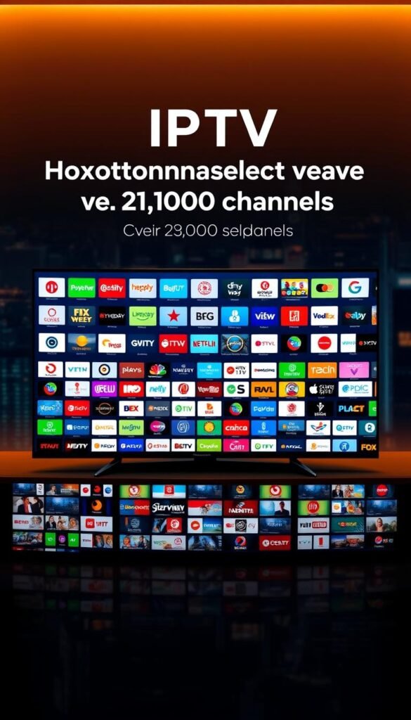 A well-organized and visually striking image of Hoxtoon Provider's comprehensive IPTV service, featuring a vast selection of over 21,000 channels. In the foreground, a sleek and modern TV screen displays a diverse array of channel logos, highlighting the breadth of content available. The middle ground showcases a dynamic grid of smaller screens, each showcasing a different genre or category of programming. In the background, a seamless, high-resolution cityscape sets the scene, conveying a sense of global connectivity and the ubiquity of IPTV services. The lighting is warm and inviting, with a subtle depth of field that draws the viewer's attention to the central TV screen. The overall atmosphere is one of reliability, accessibility, and the endless possibilities of Hoxtoon Provider's IPTV platform.