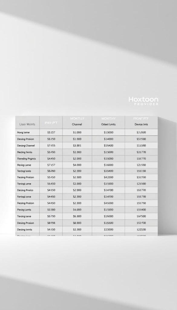 A well-organized table of Hoxtoon Provider's IPTV pricing plans, showcasing a range of options and details. The table is set against a sleek, minimalist background, with clean lines and a neutral color palette to create a professional, no-frills atmosphere. The plans are presented in a clear, easy-to-read format, with columns for plan names, monthly/annual costs, channel counts, and device limits. The Hoxtoon Provider logo is subtly incorporated in the top-right corner, adding a touch of branding. The overall composition conveys a sense of clarity, transparency, and the comprehensive nature of Hoxtoon's pricing structure.