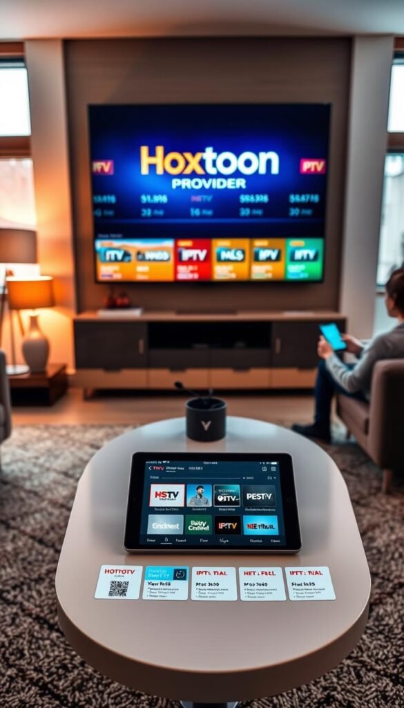 A wide-angle shot of a modern living room with a large flat-screen TV displaying the Hoxtoon Provider logo against a backdrop of IPTV service plans and subscription offers. The room is well-lit with warm, soft lighting from floor lamps and a large window, creating a cozy and inviting atmosphere. The foreground features a sleek, minimalist coffee table with a tablet displaying various IPTV channel options and pricing details. The middle ground showcases a comfortable couch where a person is enjoying the IPTV service on their mobile device. The background blurs out, emphasizing the focus on the Hoxtoon Provider branding and the IPTV trial offers.
