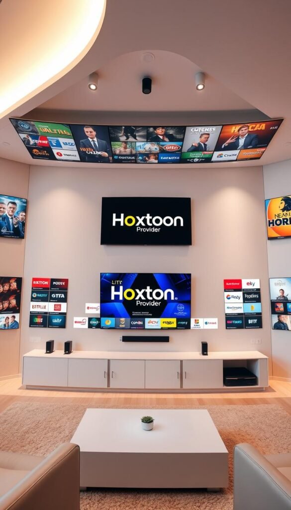 A wide-angle shot of a sleek, modern media center displaying a vibrant array of live TV streaming channels on multiple high-definition displays. The Hoxtoon Provider logo prominently featured in the center, surrounded by a diverse selection of popular international channels and on-demand content. Soft, diffused lighting creates a warm, inviting atmosphere, while the streamlined layout and minimalist design elements convey a sense of technological sophistication. The composition captures the depth and breadth of the premium IPTV Latino's unrivaled content library, inviting the viewer to immerse themselves in a world of endless entertainment.