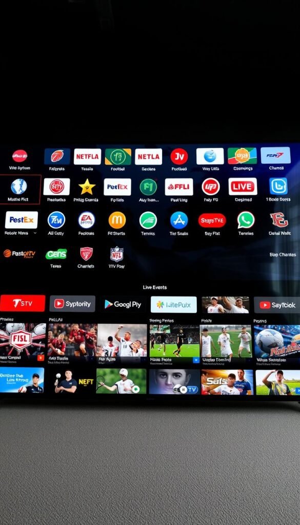 A wide-angle view of a modern IPTV sports streaming interface, displaying a comprehensive list of live sporting event channels offered by the Hoxtoon Provider. The interface has a sleek, minimalist design with a dark color scheme, allowing the channel logos and live event previews to stand out. The foreground features a grid-like layout of various sports categories, such as football, basketball, tennis, and more. The middle ground showcases several live event thumbnails, highlighting the diverse range of sports available. The background subtly hints at the global reach of IPTV, with a subtle world map or satellite imagery. The overall mood conveys the convenience, accessibility, and excitement of the IPTV sports streaming experience.