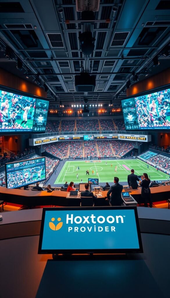 A wide-angle view of a modern sports broadcasting studio, with multiple large screens displaying live sports coverage. The foreground features the Hoxtoon Provider logo prominently displayed on a sleek, high-tech control panel. In the middle ground, technicians and presenters work together, coordinating the broadcast. The background showcases a panoramic view of a bustling sports arena, with fans cheering and the action unfolding on the field. The lighting is warm and professional, creating a dynamic and immersive atmosphere. The overall composition conveys the comprehensive sports coverage and state-of-the-art technology that Hoxtoon Provider offers.