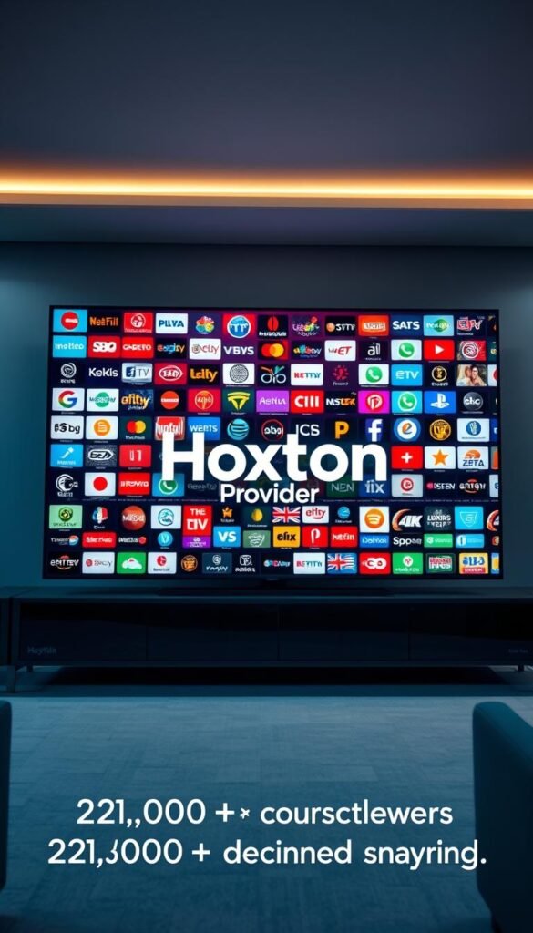 A wide-angled cinematic view of a sleek, modern media hub displaying the "Hoxtoon Provider" brand prominently. The screen shows a vibrant, diverse mosaic of international channel logos and icons, spanning continents and cultures. Soft, diffused lighting creates a premium, aspirational atmosphere, while a subtle depth-of-field blur emphasizes the impressive breadth of content. The scene conveys a sense of global connectivity, entertainment, and the promise of unparalleled access to 21,000+ channels and beyond.