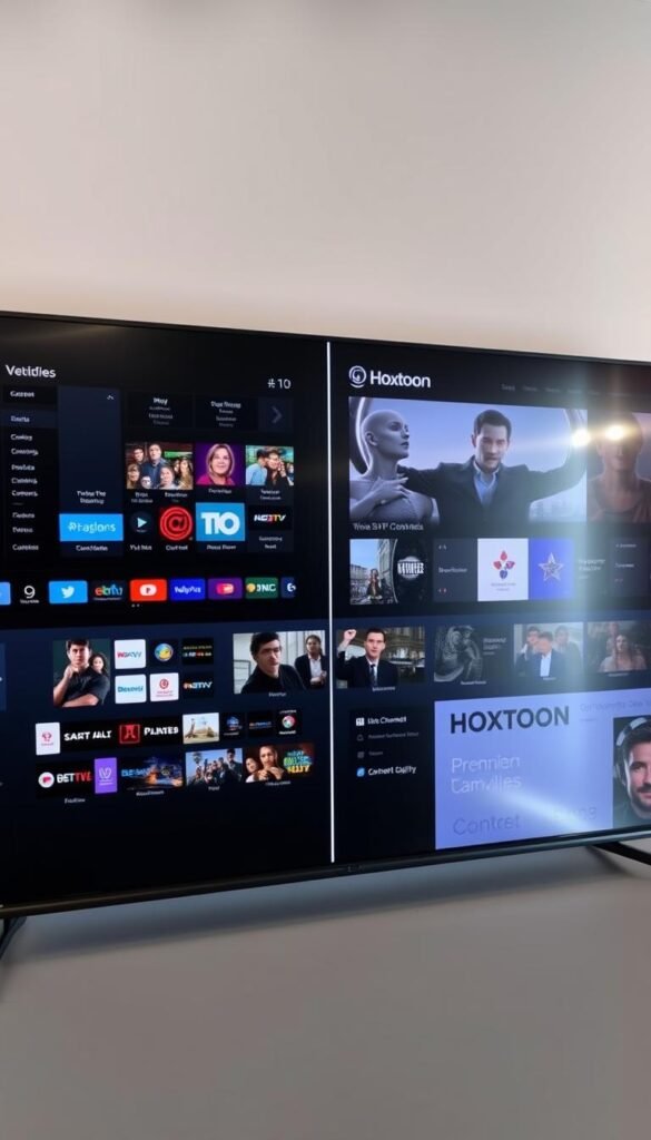 A wide-screen comparative display showing the user interfaces and content catalogs of various IPTV service providers, including the Hoxtoon Provider brand. The foreground features sleek, high-resolution screenshots of the Hoxtoon platform's intuitive menus, live channels, and on-demand library. In the middle ground, smaller thumbnails depict the offerings of competitor IPTV services, allowing a side-by-side evaluation. The background conveys a sense of 4K video quality and cinematic entertainment, with subtle lighting and a subtle color palette that evokes a premium, high-end viewing experience.