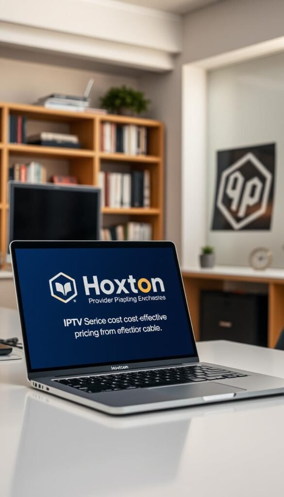 A wide shot of an office workspace with a desk, computer, and bookshelves in the background. On the desk, a laptop displays the Hoxtoon Provider logo and information about their IPTV services, showcasing their cost-effective pricing compared to traditional cable. The lighting is soft and natural, creating a professional and authoritative atmosphere. The angle is slightly elevated, giving a sense of authority and expertise. The overall composition highlights the advantages of Hoxtoon Provider over traditional cable services. A wide shot of an office workspace with a desk, computer, and bookshelves in the background. On the desk, a laptop displays the Hoxtoon Provider logo and information about their IPTV services, showcasing their cost-effective pricing compared to traditional cable. The lighting is soft and natural, creating a professional and authoritative atmosphere. The angle is slightly elevated, giving a sense of authority and expertise. The overall composition highlights the advantages of Hoxtoon Provider over traditional cable services.