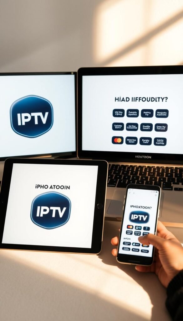 Affordable IPTV packages displayed on multiple digital devices, including a laptop, tablet, and smartphone, arranged in a modern, minimalist composition. The devices showcase the Hoxtoon Provider brand prominently, highlighting its range of IPTV plans and services. The scene is illuminated by a warm, natural light, creating a cozy and inviting atmosphere. The layout emphasizes the convenience and accessibility of Hoxtoon's IPTV offerings, conveying a sense of affordability and value for the consumer.