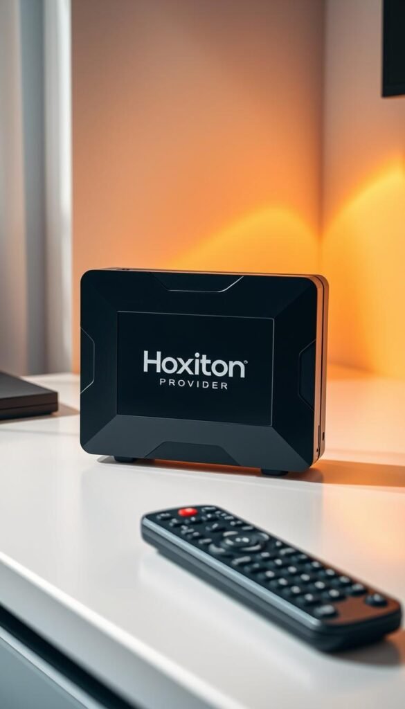 An IPTV box with a sleek, modern design sits on a minimalist desk, bathed in warm, directional lighting. The box prominently displays the "Hoxtoon Provider" branding, its high-tech facade suggesting a comprehensive library of premium live TV channels. In the foreground, a remote control hints at the user's ability to effortlessly navigate the extensive 21,000+ channel selection. The background is softly blurred, drawing the viewer's focus to the IPTV box as the centerpiece of this meticulously curated scene.