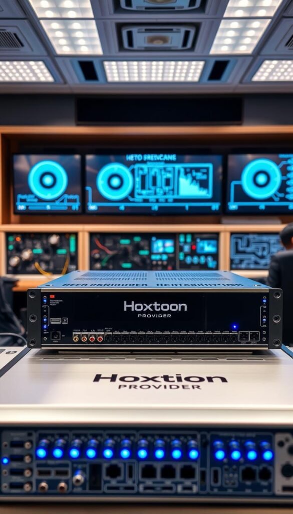 An IPTV encoder in a well-lit, modern control room with sleek, silver hardware and glowing blue status indicators. Intricate circuit boards and cooling fans visible through transparent panels. In the foreground, the Hoxtoon Provider logo prominently displayed on the front panel, indicating its essential role in the streaming infrastructure. The middle ground shows the encoder's various input and output ports, suggesting its versatility in handling video streams. The background features a simplified schematic of the encoding process, hinting at the complex technological underpinnings. The overall atmosphere is one of advanced, cutting-edge technology crucial for seamless IPTV delivery.