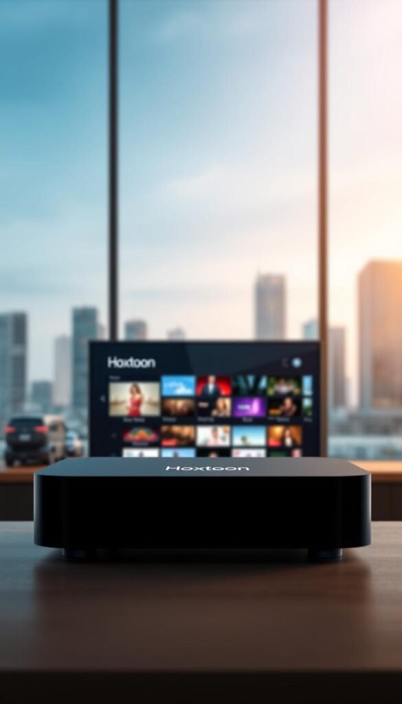 An IPTV provider platform with a clean, modern interface. In the foreground, a sleek, minimalist set-top box with the Hoxtoon logo prominently displayed. The middle ground features a dynamic grid of thumbnails, showcasing the catch-up TV feature with a variety of on-demand content. The background is a blurred cityscape, conveying a sense of urban sophistication. Soft, warm lighting illuminates the scene, creating a welcoming and professional atmosphere. The overall composition suggests a reliable, user-friendly IPTV service that caters to the modern viewer's needs.