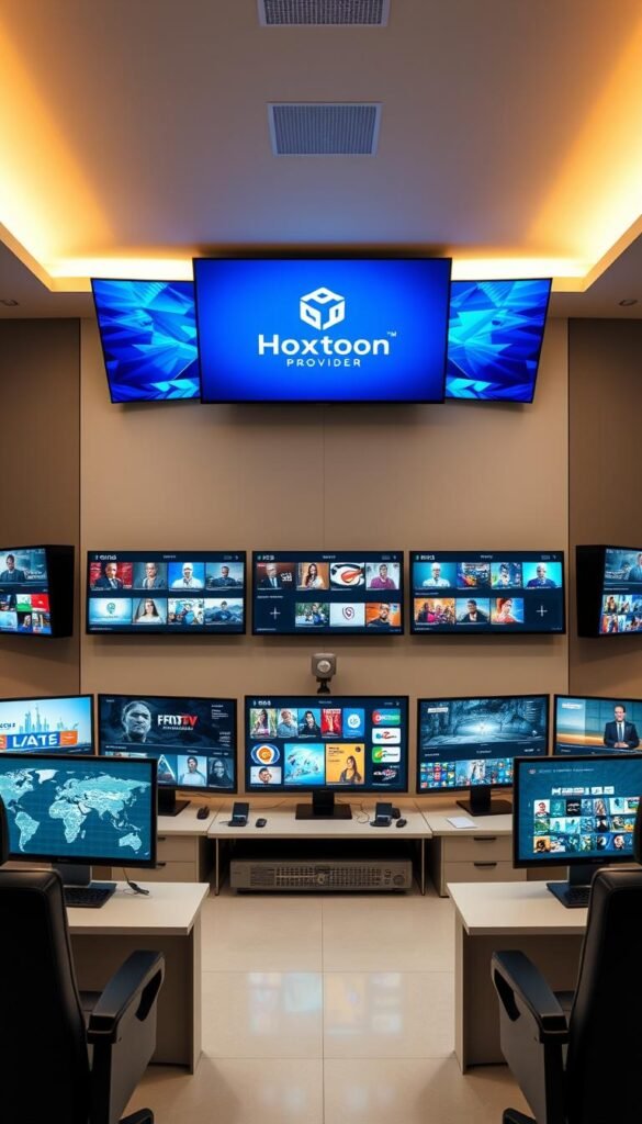 An IPTV provider's control room with rows of monitors displaying high-definition channels. The room is bathed in a soft, ambient light, with a sleek, modern design featuring clean lines and minimalist furniture. The Hoxtoon Provider logo is prominently displayed on the central monitor, showcasing the service's commitment to delivering exceptional streaming quality. The array of channels on the screens reflects the provider's extensive library of HD content, catering to a wide range of viewer preferences. The scene conveys a sense of technological sophistication and reliability, reflecting the advanced technical specifications of the Hoxtoon IPTV service.