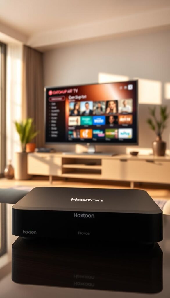 An IPTV set-top box in a modern living room, with a sleek and minimalist design. The box features the Hoxtoon Provider logo prominently displayed on the front panel. The screen displays a user-friendly catch-up TV interface, showcasing a variety of on-demand content options. The room is bathed in warm, natural lighting, creating a cozy and inviting atmosphere. The overall scene conveys the ease and convenience of the Hoxtoon IPTV service, with a focus on the catch-up feature as the key selling point.