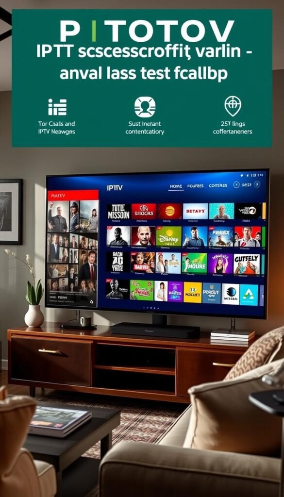 An IPTV subscription service with advanced catch-up features, showcasing the Hoxtoon Provider brand. A large flatscreen TV displays a sleek, modern user interface with a focus on easy navigation and content discovery. The living room setting is cozy and inviting, with tasteful decor and ample natural lighting. The TV screen reflects the high-quality video playback and diverse content selection available through the Hoxtoon IPTV service. The overall atmosphere conveys a sense of convenience, entertainment, and legal compliance for US viewers.