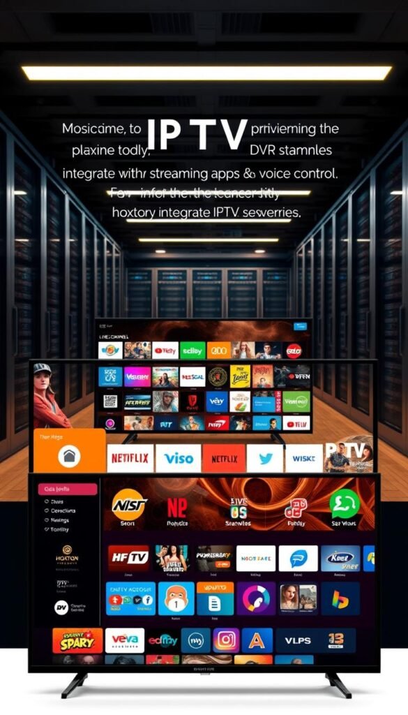 An advanced IPTV platform with sleek and intuitive user interface, featuring Hoxtoon Provider's cutting-edge technology. In the foreground, a modern smart TV displays a wide range of live channels, on-demand content, and DVR capabilities. The middle ground showcases seamless integration with popular streaming apps and voice control. In the background, a server room with state-of-the-art networking equipment symbolizes the robust infrastructure powering the Hoxtoon Provider service. Warm lighting and clean, minimalist design convey a sense of sophistication and reliability.