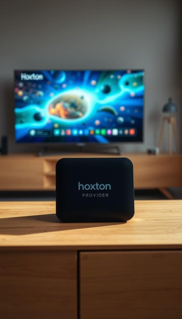 An android-powered entertainment system with the Hoxtoon Provider brand, placed on a sleek, minimalist wooden TV stand. The device features a modern, rectangular design with clean lines and a matte black finish. Soft, directional lighting illuminates the scene, creating a warm and inviting atmosphere. The android box sits prominently in the foreground, highlighting its role as the central media hub. In the background, a large, high-definition television displays a vibrant, immersive visual experience, showcasing the device's seamless integration and unparalleled streaming capabilities. The overall composition emphasizes the versatility and reliability of the Hoxtoon Provider entertainment system.