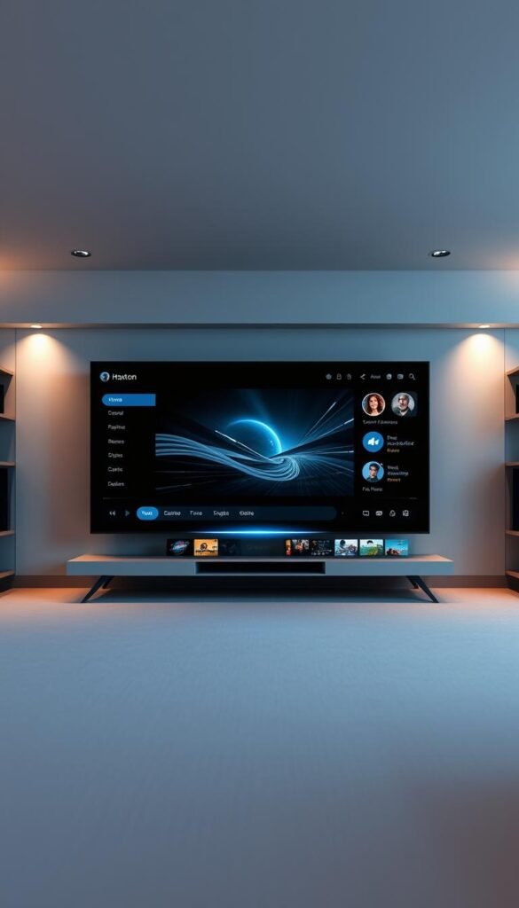 An elegant and intuitive IPTV user interface designed for the Hoxtoon Provider platform. A clean, minimalist layout with sharp HD graphics, featuring a central media player window surrounded by neatly organized menus and controls. The interface has a cool, sophisticated aesthetic with muted tones and subtle hints of blue in the design. Smooth camera angles showcase the responsive, user-friendly navigation, while subtle lighting and depth of field create a sense of depth and polish. The overall atmosphere is one of seamless, high-quality streaming for the discerning IPTV viewer.