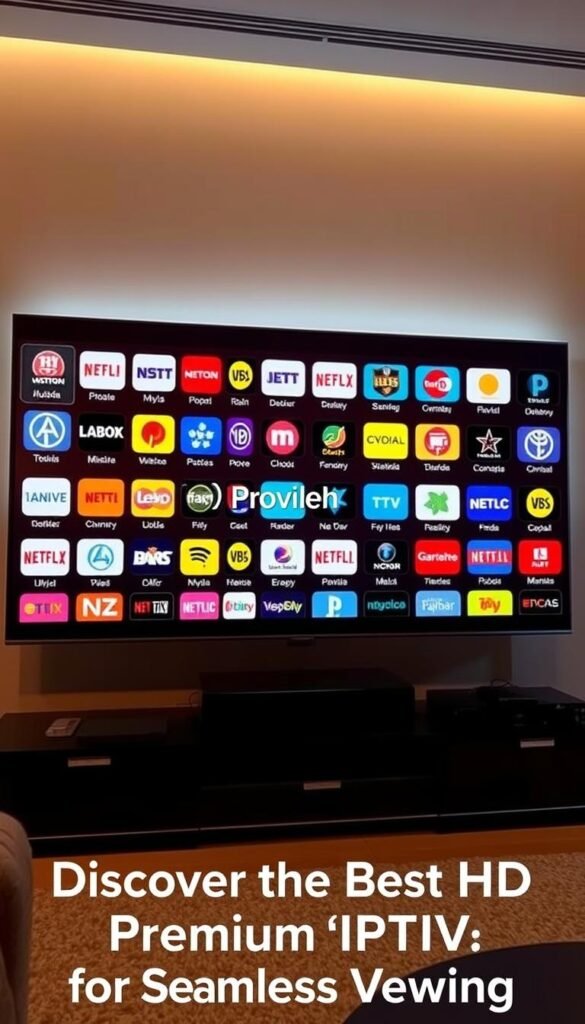 An elegant and modern user interface for a premium IPTV service, showcasing a sleek grid of high-definition channel logos against a minimalist backdrop. The screen is bathed in warm, soft lighting, creating a cozy and inviting atmosphere. The Hoxtoon Provider brand is prominently displayed, conveying a sense of quality and reliability. The layout is clean and intuitive, with easy-to-navigate menus and a visually appealing design that prioritizes the user experience. The overall impression is one of sophistication and attention to detail, perfectly complementing the "Discover the Best HD Premium IPTV for Seamless Viewing" theme.