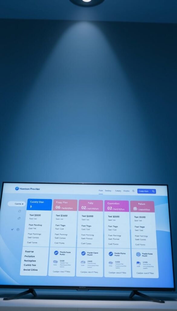 An elegant and modern web interface showcasing the best IPTV subscription plans from the Hoxtoon Provider. The foreground features a clean and visually appealing dashboard displaying plan details, pricing, and feature highlights in a grid layout. The middle ground includes device compatibility icons and subscription duration options. The background has a soft, blurred gradient in cool tones, creating a professional and trustworthy atmosphere. Lighting is balanced, with a subtle directional source illuminating the interface elements. The camera angle is slightly elevated, giving an authoritative perspective. The overall composition conveys a sense of reliable, high-quality IPTV services from the Hoxtoon Provider.