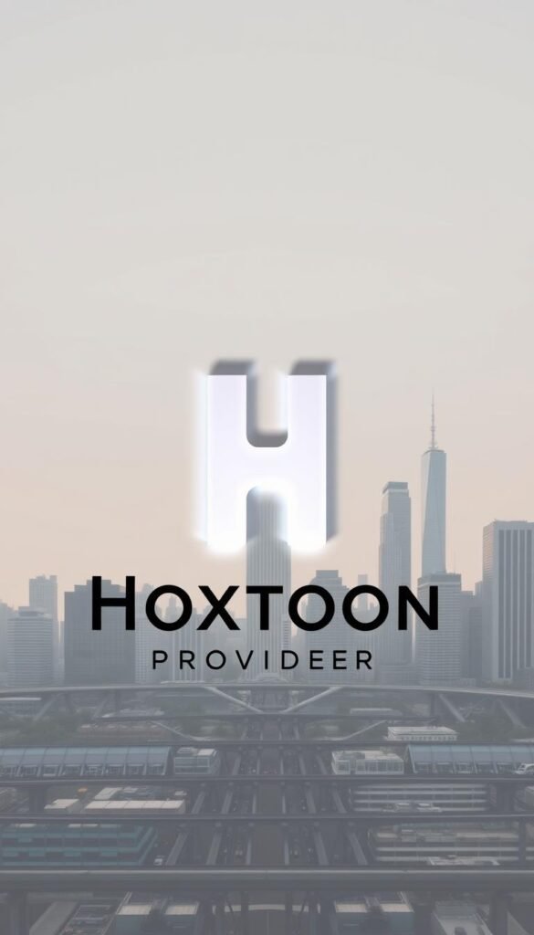 An elegant logo design for "Hoxtoon Provider" set against a backdrop of a modern city skyline. The logo features a sleek, minimalist "H" monogram in a bold, corporate typeface. Soft, directional lighting illuminates the logo, casting dynamic shadows that add depth and dimensionality. The cityscape in the background is rendered in muted, complementary hues, with skyscrapers and infrastructure creating a sense of urban sophistication. The overall composition conveys a professional, high-quality IPTV service with a strong brand identity.