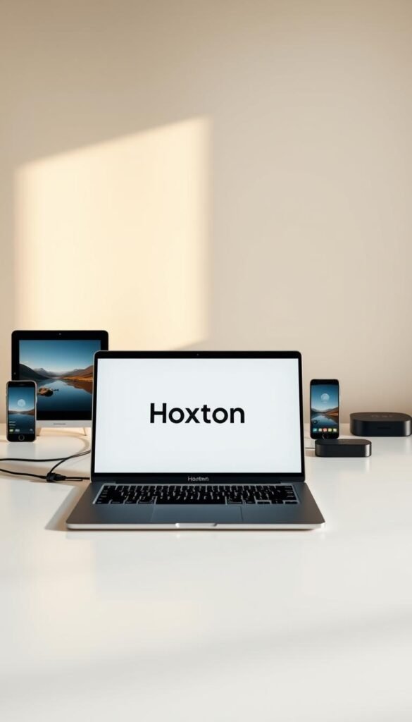 An elegant, minimalist desktop setup showcasing the multi-device compatibility of the Hoxtoon Provider. In the foreground, a sleek laptop displaying the Hoxtoon logo against a clean, white background. Surrounding it, an array of smart devices - a tablet, a smartphone, and a streaming device - all seamlessly connected and mirroring the laptop's content, demonstrating the seamless cross-platform experience Hoxtoon offers. The middle ground features subtle shadows and reflections, creating a sense of depth and integration. The background is a soft, gradient blur, keeping the focus on the devices and their interconnectivity. Warm, natural lighting bathes the scene, conveying a sense of premium quality and reliability.