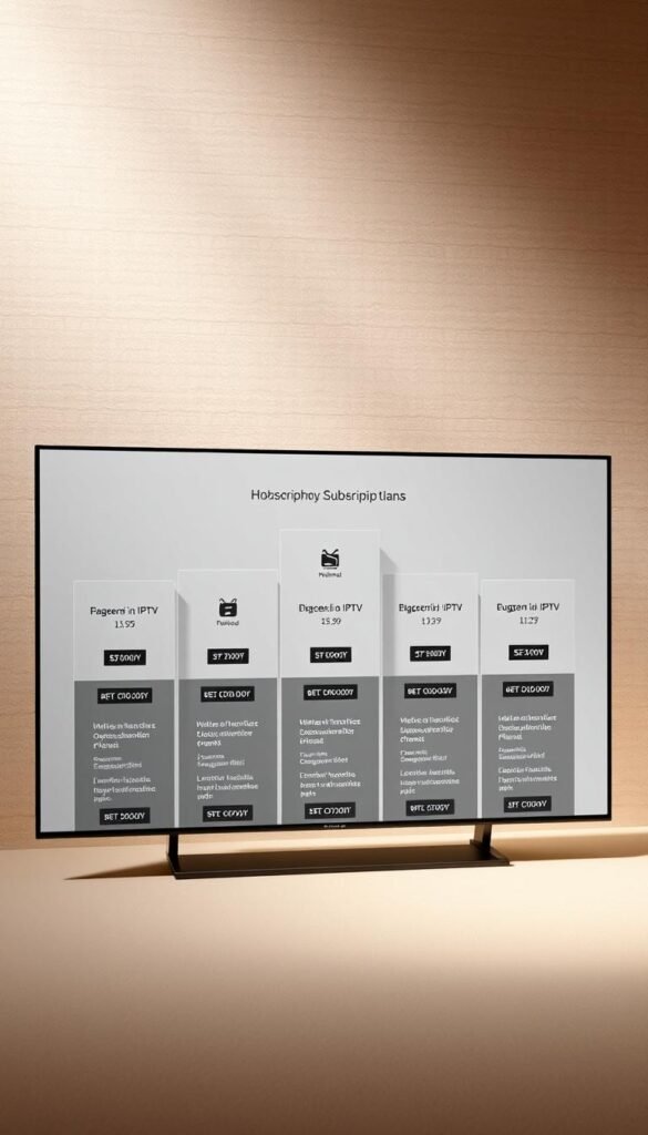 An elegant, minimalist-style webpage display showcasing the subscription plans offered by the "Hoxtoon Provider" IPTV service. A sleek, modern interface with clean typography and muted color tones. The foreground features a central grid of plan options, each with its own icon, title, and pricing details. The background has a subtle textured pattern or gradient, providing a sophisticated, premium aesthetic. Lighting is soft and diffused, creating a warm, inviting atmosphere. The overall composition is well-balanced, drawing the viewer's attention to the key information about the IPTV subscription plans.
