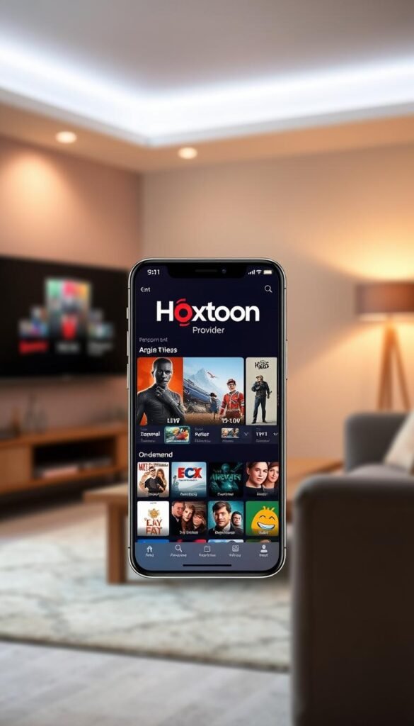 An elegant, modern IPTV player app interface with the Hoxtoon Provider brand prominently displayed. The app is set against a softly blurred background of a living room, with a cozy, inviting atmosphere. The foreground features a sleek, intuitive user interface with clean lines, high-contrast icons, and a focus on easy content navigation. The middle ground showcases a diverse array of live TV channels and on-demand content thumbnails, hinting at the app's extensive library. The background has subtle, warm lighting that creates a sense of comfort and reliability, reflecting the quality of Hoxtoon's customer support and service.