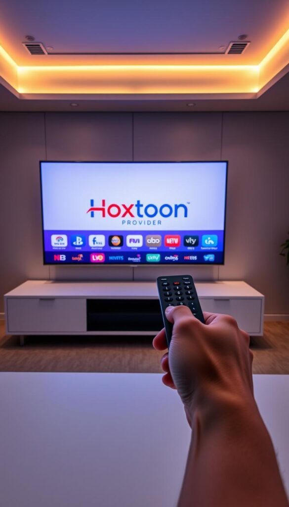 An elegant modern office setting with a large flatscreen display showcasing the Hoxtoon Provider logo and various IPTV service icons. The display is positioned on a sleek white desk, bathed in warm yet subtle lighting. In the foreground, a hand holding a remote control gestures towards the display, highlighting the ease of accessing Hoxtoon's IPTV services. The background features minimalist architectural elements, conveying a sense of professionalism and technological sophistication. The overall composition emphasizes the user-friendly and reliable nature of the Hoxtoon IPTV provider. An elegant modern office setting with a large flatscreen display showcasing the Hoxtoon Provider logo and various IPTV service icons. The display is positioned on a sleek white desk, bathed in warm yet subtle lighting. In the foreground, a hand holding a remote control gestures towards the display, highlighting the ease of accessing Hoxtoon's IPTV services. The background features minimalist architectural elements, conveying a sense of professionalism and technological sophistication. The overall composition emphasizes the user-friendly and reliable nature of the Hoxtoon IPTV provider.