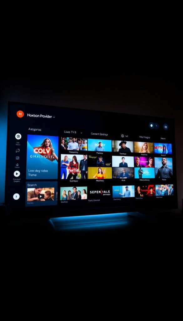 An elegant, sleek user interface for the Hoxtoon Provider streaming service. A clean, minimalist design with a dark, neutral color palette. The main screen showcases a grid of vibrant, high-quality thumbnails for live TV channels and on-demand video content. A sidebar menu with intuitive icons allows easy navigation through categories, search, and account settings. Soft, ambient lighting creates a cozy, immersive atmosphere. The interface is displayed on a large widescreen display, captured from a slightly low angle to convey a sense of modern, sophisticated technology. The overall impression is of a premium, user-friendly platform that seamlessly connects viewers to a vast library of entertainment.