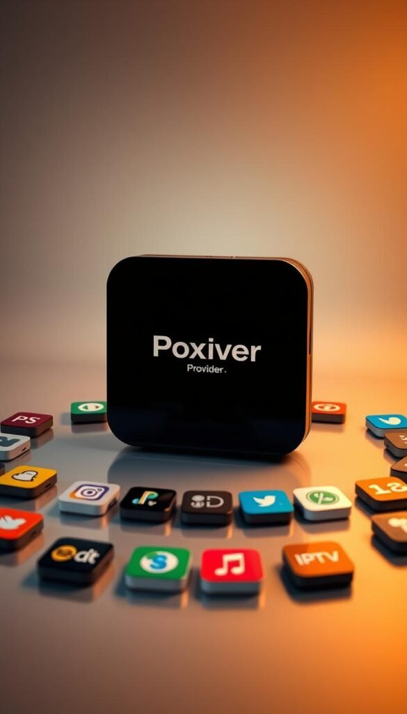 An elegantly designed Mag box with the Hoxtoon Provider logo prominently displayed, set against a sleek, modern backdrop. The box is surrounded by a variety of IPTV apps, each represented by their distinct icons, neatly arranged to suggest optimal organization and accessibility. The scene is illuminated by soft, warm lighting, creating a sense of sophistication and efficiency. The overall composition conveys the idea of a well-optimized Mag box, ready to deliver a seamless IPTV experience.