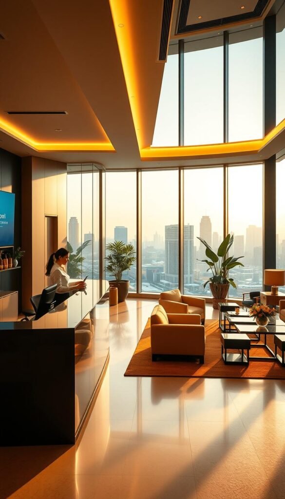 An elegantly designed customer support desk of the Hoxtoon Provider, bathed in warm, inviting lighting. The foreground showcases a receptionist's area with a sleek, modern counter and a friendly, attentive agent assisting a customer. The middle ground features a cozy waiting lounge with plush seating and tasteful decor, conveying a sense of comfort and professionalism. In the background, a large, floor-to-ceiling window overlooks a cityscape, adding depth and a touch of sophistication to the scene. The overall atmosphere exudes a harmonious blend of efficiency, approachability, and the Hoxtoon Provider's commitment to providing exceptional customer support.