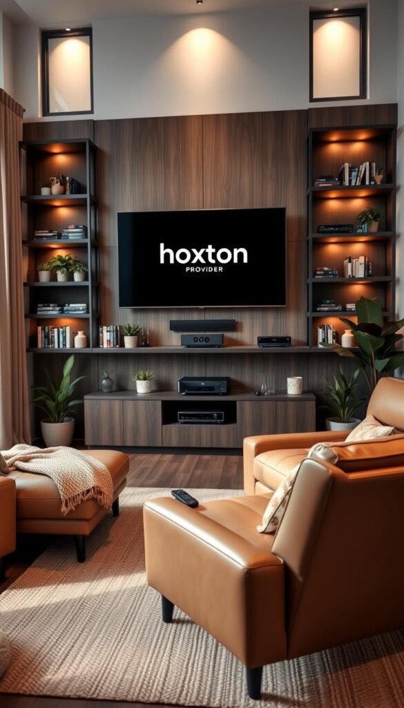 An elegantly lit modern living room with plush leather seating and a large flat-screen TV mounted on the wall. Shelves filled with Blu-ray discs, streaming devices, and a cable box with the Hoxtoon Provider logo. A cozy armchair faces the TV, surrounded by potted plants and ambient lighting. Tall windows let in natural light, creating a warm, inviting atmosphere. In the foreground, a hand-woven rug and a sleek coffee table with a remote control. The room exudes a sense of comfort and entertainment, ready for binge-watching movies, TV shows, and specialty channels.