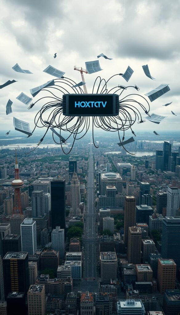 An expansive IPTV landscape with a Hoxtoon Provider branded network hub at the center, casting its digital reach across the country. In the foreground, intricate legal documents and regulations hover, casting an air of uncertainty. The middle ground depicts a bustling cityscape, with skyscrapers and communication towers signifying the integration of IPTV into modern American infrastructure. In the background, a cloudy sky reflects the ambiguous future of this evolving technology, inviting the viewer to contemplate the legal and regulatory challenges it faces.