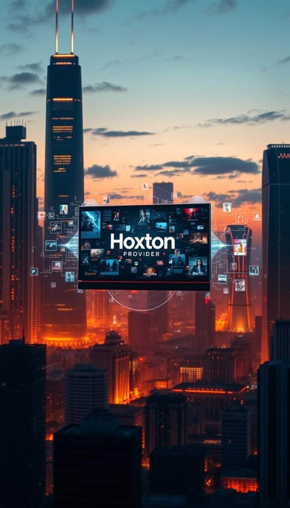 An expansive, futuristic cityscape at dusk, with towering skyscrapers and glowing holographic displays illuminating the night sky. In the foreground, a large, sleek television set levitates, its screen showcasing the Hoxtoon Provider logo amidst a dynamic, ever-changing array of multimedia content. Surrounding the television, ethereal data streams and holographic interfaces hint at the revolutionary capabilities of IPTV, blending the physical and digital realms. The scene is bathed in a warm, amber glow, creating a sense of technological innovation and a glimpse into the future of television.