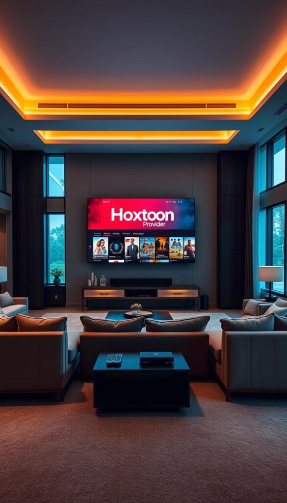An expansive living room filled with plush, modern furniture, soft ambient lighting, and a large, state-of-the-art television at the center. On the screen, the Hoxtoon Provider logo shines brightly, showcasing a diverse selection of on-demand entertainment options. The room exudes a sense of comfort and relaxation, with large windows allowing natural light to stream in, creating a warm and inviting atmosphere. Subtle technological elements, such as sleek remote controls and discreet speakers, seamlessly integrate with the decor, enhancing the user's immersive experience. The overall scene conveys a harmonious blend of cutting-edge technology and luxurious, contemporary design, embodying the "On-Demand Entertainment Experience" that Hoxtoon Provider aims to deliver. An expansive living room filled with plush, modern furniture, soft ambient lighting, and a large, state-of-the-art television at the center. On the screen, the Hoxtoon Provider logo shines brightly, showcasing a diverse selection of on-demand entertainment options. The room exudes a sense of comfort and relaxation, with large windows allowing natural light to stream in, creating a warm and inviting atmosphere. Subtle technological elements, such as sleek remote controls and discreet speakers, seamlessly integrate with the decor, enhancing the user's immersive experience. The overall scene conveys a harmonious blend of cutting-edge technology and luxurious, contemporary design, embodying the "On-Demand Entertainment Experience" that Hoxtoon Provider aims to deliver.