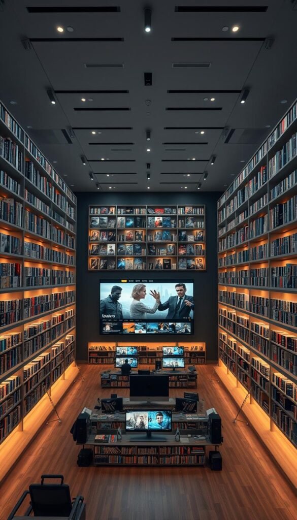 An expansive, modern library filled with an impressive collection of movies and TV shows on the Hoxtoon Provider VOD platform. The shelves stretch from floor to ceiling, adorned with a sleek, minimalist design in shades of grey and white. Soft, warm lighting casts a cozy glow, inviting users to browse the vast 150,000+ title selection. In the center, a large display showcases the latest releases and most popular content, tempting viewers to dive into the Hoxtoon entertainment universe. The space exudes a sense of sophistication and technological prowess, reflecting the premium quality and breadth of the Hoxtoon Provider streaming service.