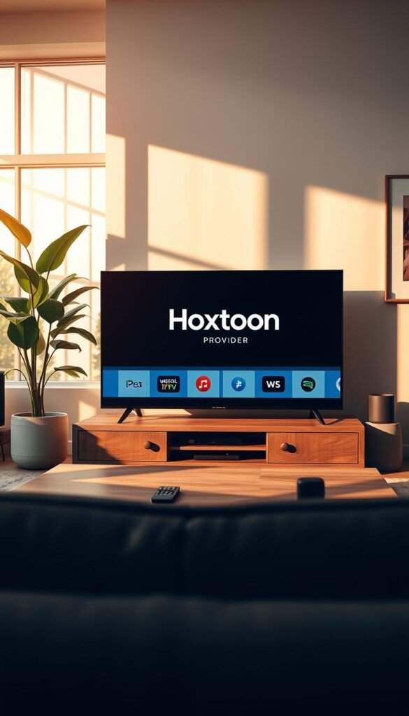 An idyllic living room scene with a modern TV displaying the Hoxtoon Provider logo, showcasing the ease of IPTV free trials. The room is bathed in warm, natural lighting filtering through large windows, creating a cozy and inviting atmosphere. On the coffee table, a sleek remote control and a smartphone, hinting at the versatility of IPTV streaming. The walls are adorned with minimalist artwork, complementing the sophisticated, yet practical decor. In the background, a lush indoor plant adds a touch of greenery, reflecting the refreshing and natural feel of the space. The overall composition highlights the seamless integration of IPTV technology into a comfortable, modern living environment.