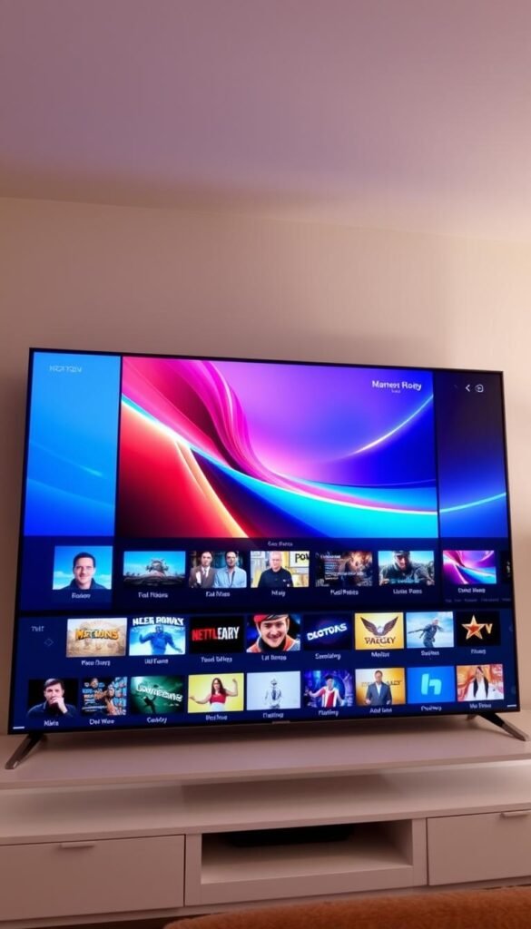 An impeccably designed 4K IPTV interface by Hoxtoon Provider, showcasing a sleek and intuitive layout. In the foreground, a large central window displays a vivid, high-resolution live stream, framed by a minimalist and modern control panel. The middle ground features a neatly organized grid of channel thumbnails, each with a clear, legible title. The background showcases a subtle, gradient-based color scheme that creates a sophisticated and visually pleasing ambiance. Soft, indirect lighting enhances the overall aesthetic, while the camera angle provides a natural, eye-level perspective for a seamless and immersive user experience.