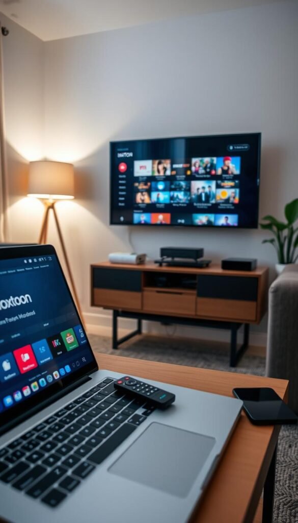 An indoor scene of a modern home office setup, showcasing the Hoxtoon Provider IPTV service. In the foreground, a laptop displays the Hoxtoon interface, with a remote control and smartphone nearby. The middle ground features a sleek media streaming device connected to a large, high-resolution television screen, displaying vivid, colorful channel options. The background depicts a cozy, well-lit room with minimal, contemporary decor, creating a calm and inviting atmosphere for the IPTV setup. The lighting is soft and diffused, accentuating the technology while maintaining a relaxing ambiance. The composition emphasizes the ease and convenience of the Hoxtoon IPTV service, ready to be enjoyed in the comfort of a modern home environment.