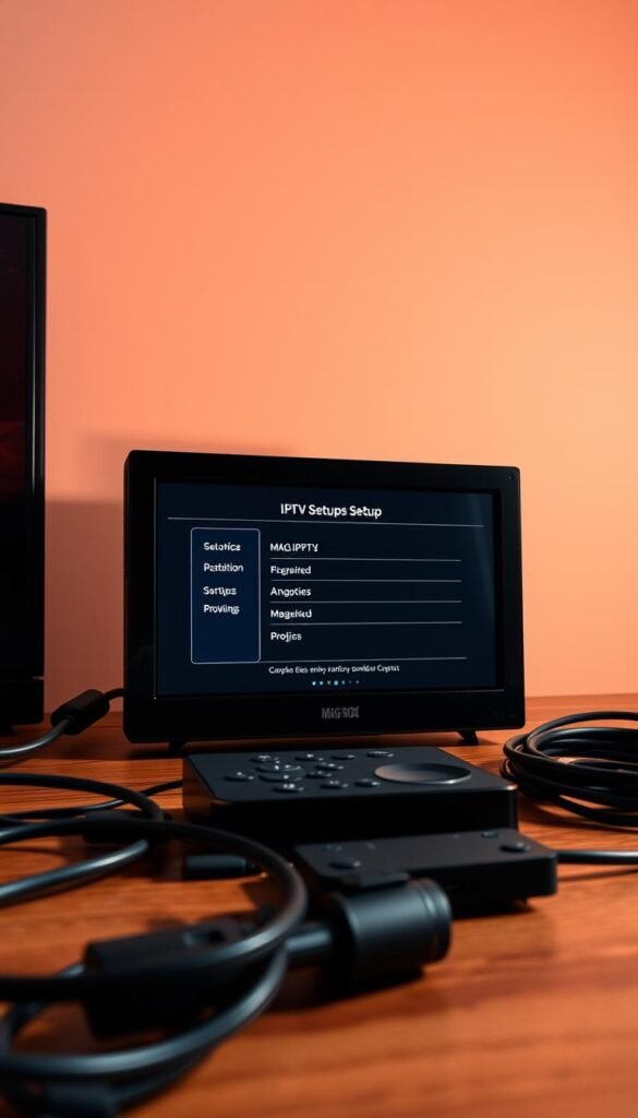 An industrial-looking Mag Box set on a wooden table, with a detailed IPTV setup process displayed on its screen. The Mag Box is illuminated by warm, directional lighting, casting dramatic shadows. In the foreground, technical cables and a remote control are arranged neatly. The background features a clean, minimalist environment, emphasizing the focus on the Mag Box and the IPTV installation. The image conveys a sense of technology, professionalism, and the ease of setting up IPTV with the Hoxtoon Provider on a Mag Box.