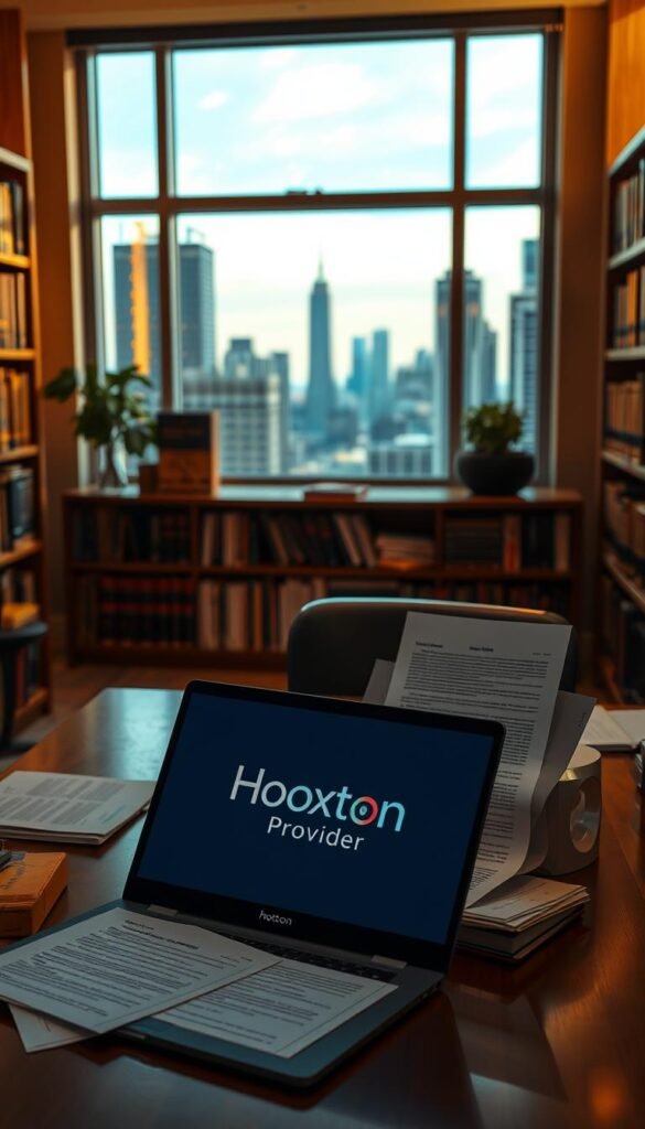 An interior office scene with a large window overlooking a cityscape. On the desk, a laptop displays the "Hoxtoon Provider" logo and various legal documents related to IPTV regulations. Bookshelves line the walls, filled with law and technology reference books. Warm, directional lighting from the window casts a soft glow over the scene. The mood is one of seriousness and attention to detail, reflecting the legal considerations for IPTV services. The camera angle is slightly elevated, providing an authoritative perspective.
