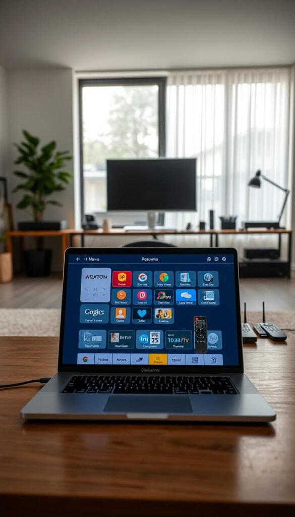 An interior scene depicting a step-by-step setup guide for the Hoxtoon Provider IPTV service. In the foreground, a laptop displays the Hoxtoon Provider platform with intuitive menu options. In the middle ground, various remote controls, streaming devices, and networking equipment are neatly arranged, highlighting the simplicity of the setup process. The background features a modern, minimalist home office setting with a large window allowing natural light to filter in, creating a calm and professional atmosphere. The lighting is soft and diffused, with subtle highlights accentuating the various setup components. The overall composition conveys a sense of efficiency and user-friendliness for the Hoxtoon Provider IPTV service.