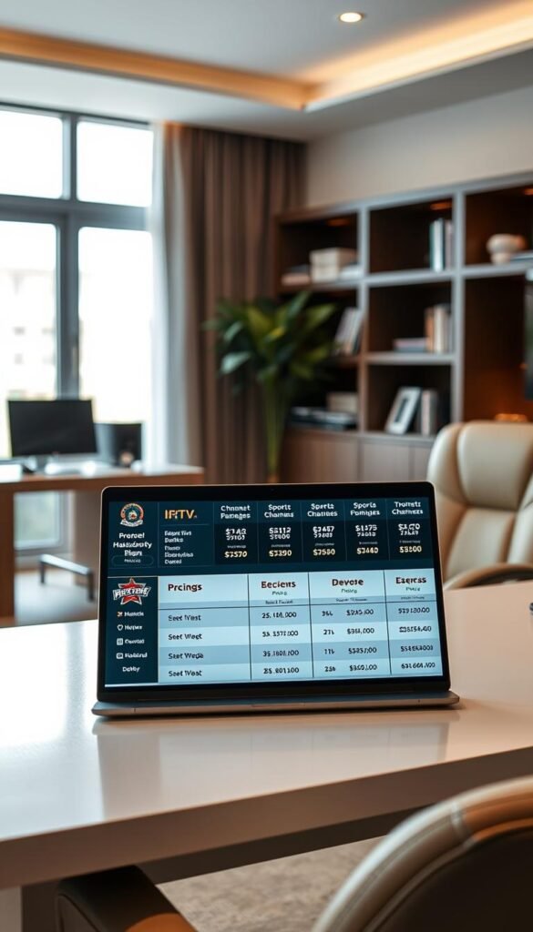 An interior scene of a modern home office with a large desk and comfortable chair. On the desk, there is a laptop displaying various IPTV pricing plans and sports channel packages from the Hoxtoon Provider. The plans are presented in a clean, organized layout with clear pricing and channel information. The room is well-lit with a mix of natural light from a nearby window and warm, indirect lighting. The overall atmosphere is professional and inviting, reflecting the quality and value of the Hoxtoon IPTV service.